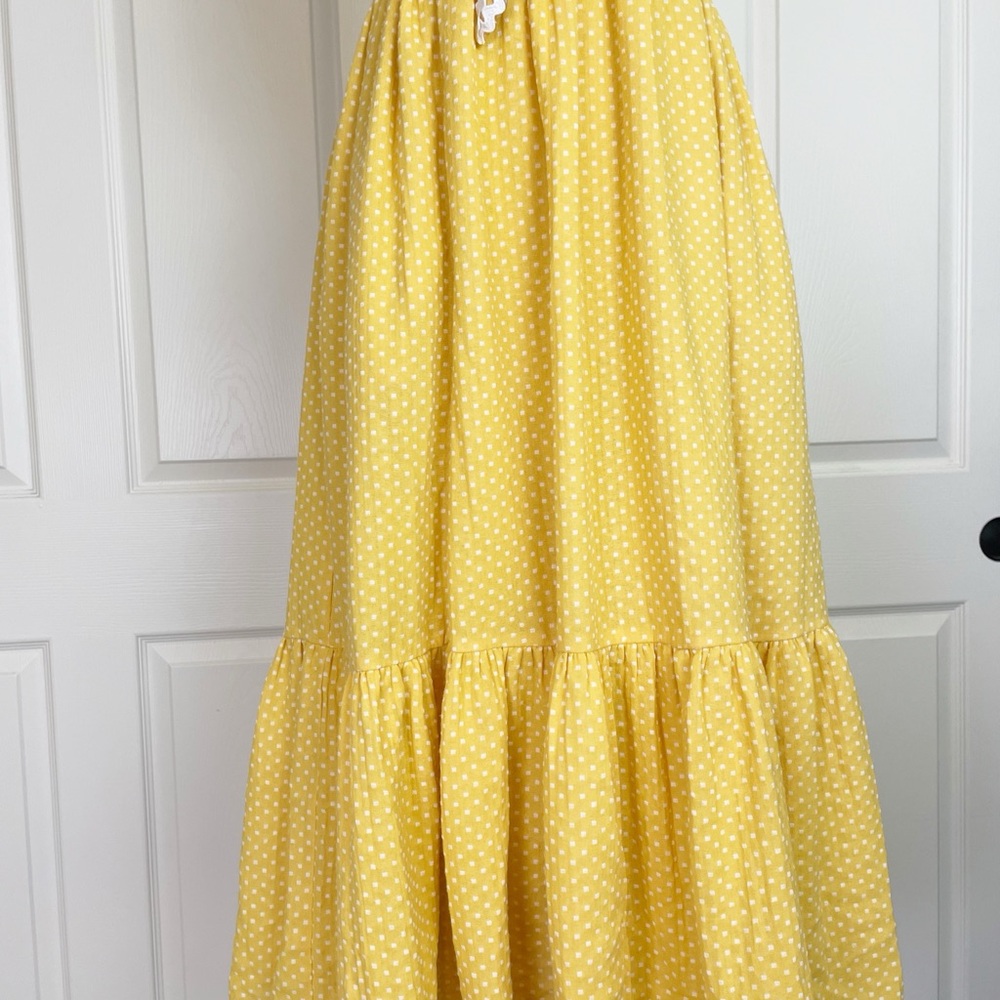 Lulus Mustard Yellow Polka Dot Strapless Midi Dress NWT Bow Ric Rac Trim Sz M - Picture 5 of 12